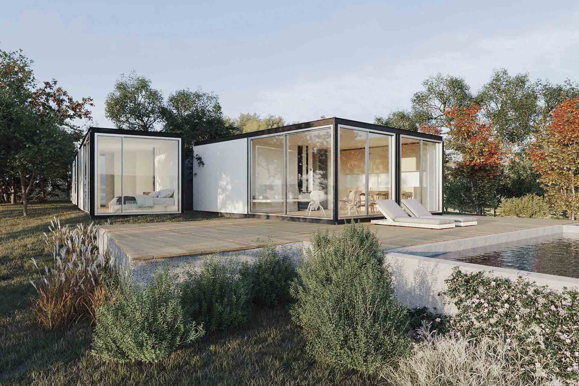 Render 3D de la vivienda unifamiliar modular Tini Case Study de una planta, con grandes cristaleras, terraza y piscina
