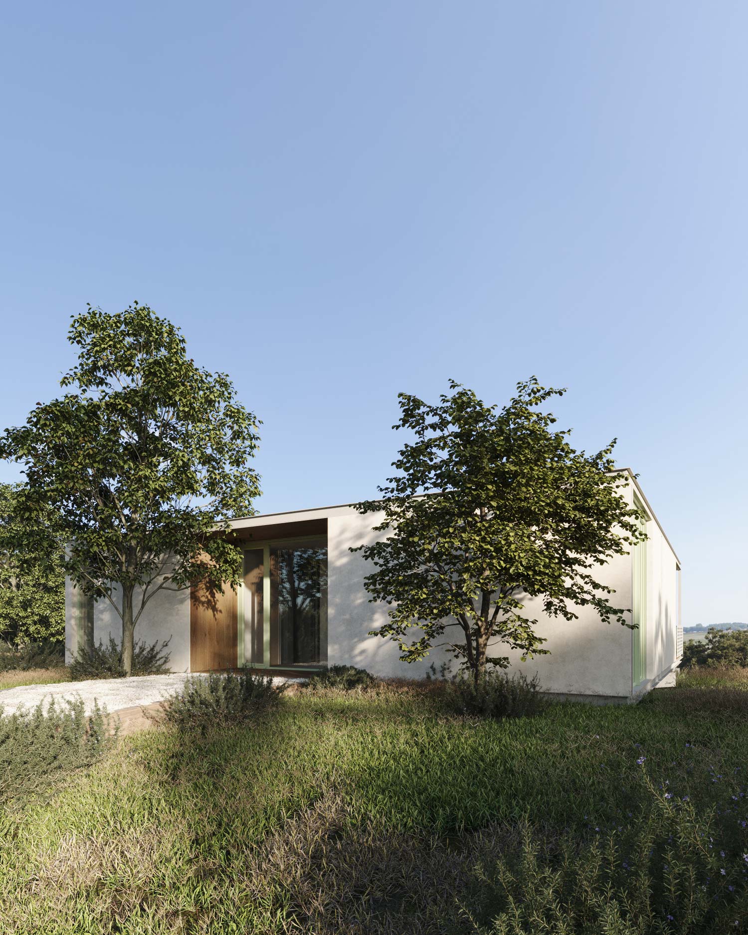 Casa modular Tini L con fachada de madera y pérgola, iluminada al anochecer junto a la piscina