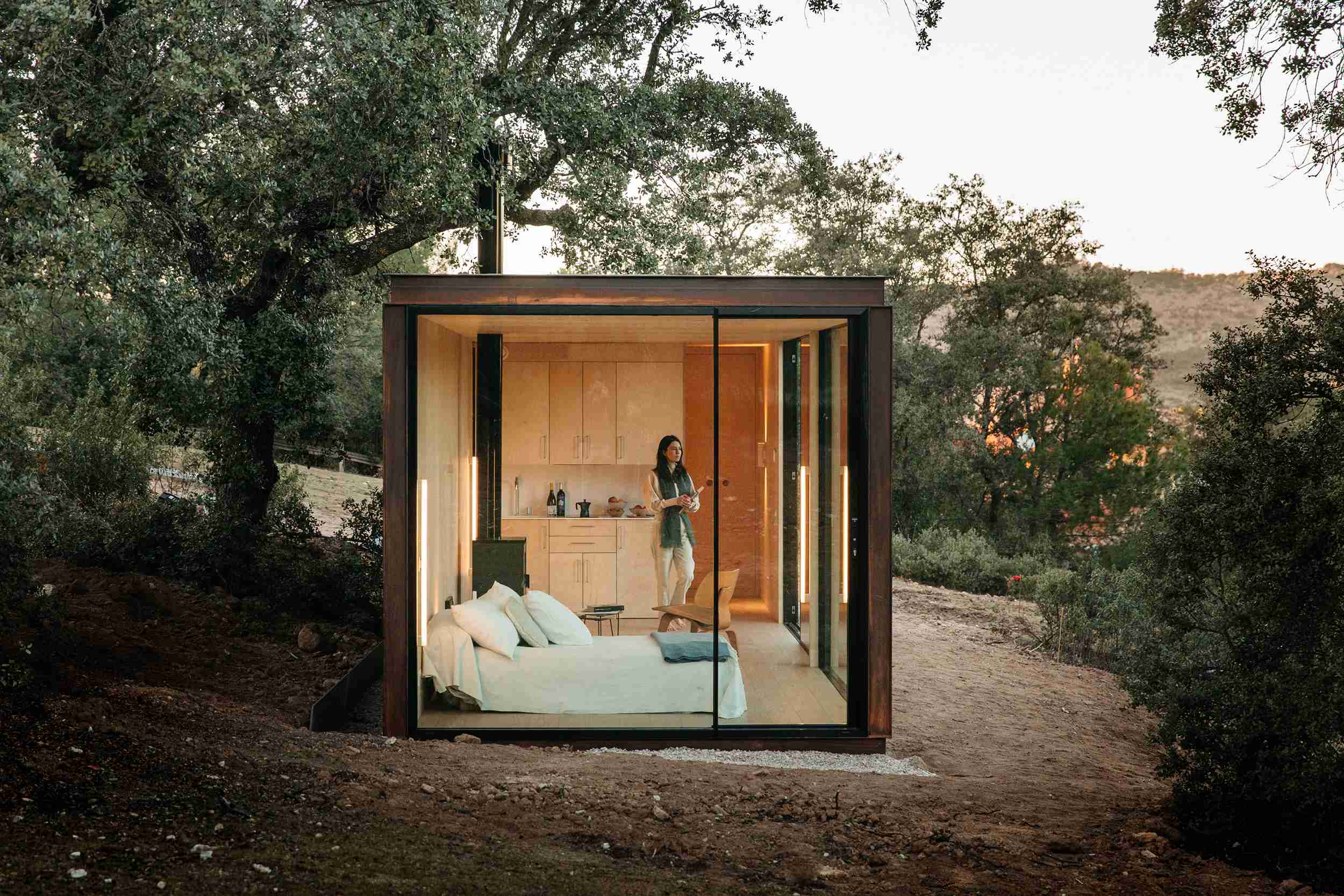 Fachada acristalada de un módulo Tini entre encinas, con el interior de madera iluminado